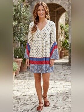 Umgee Boho Long Bell Sleeves Patchwork Cutout Dress M